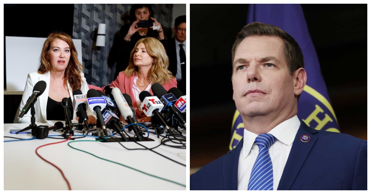 এক সংবাদ সম্মেলনে মঙ্গলবার এরিক সোয়ালওয়েলের  বিরুদ্ধে ধর্ষণের অভিযোগ তোলেন লোনা ড্রিউজ। কোলাজ: টিবিএন